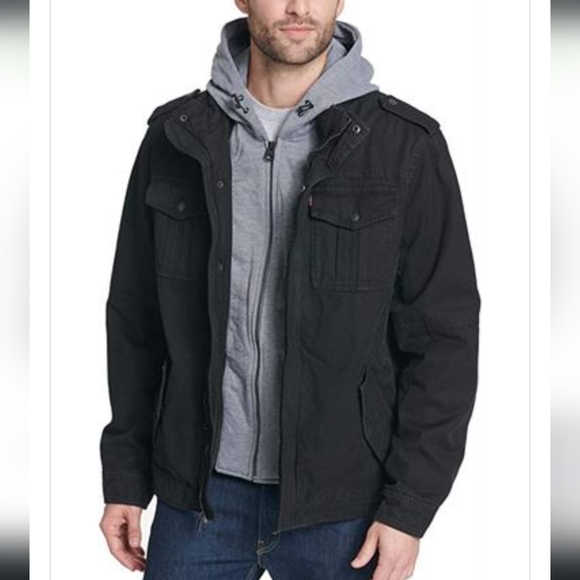 Levi's Men's Washed Cotton Hooded Military Jacket, Black, Large - Picture 4 of 5